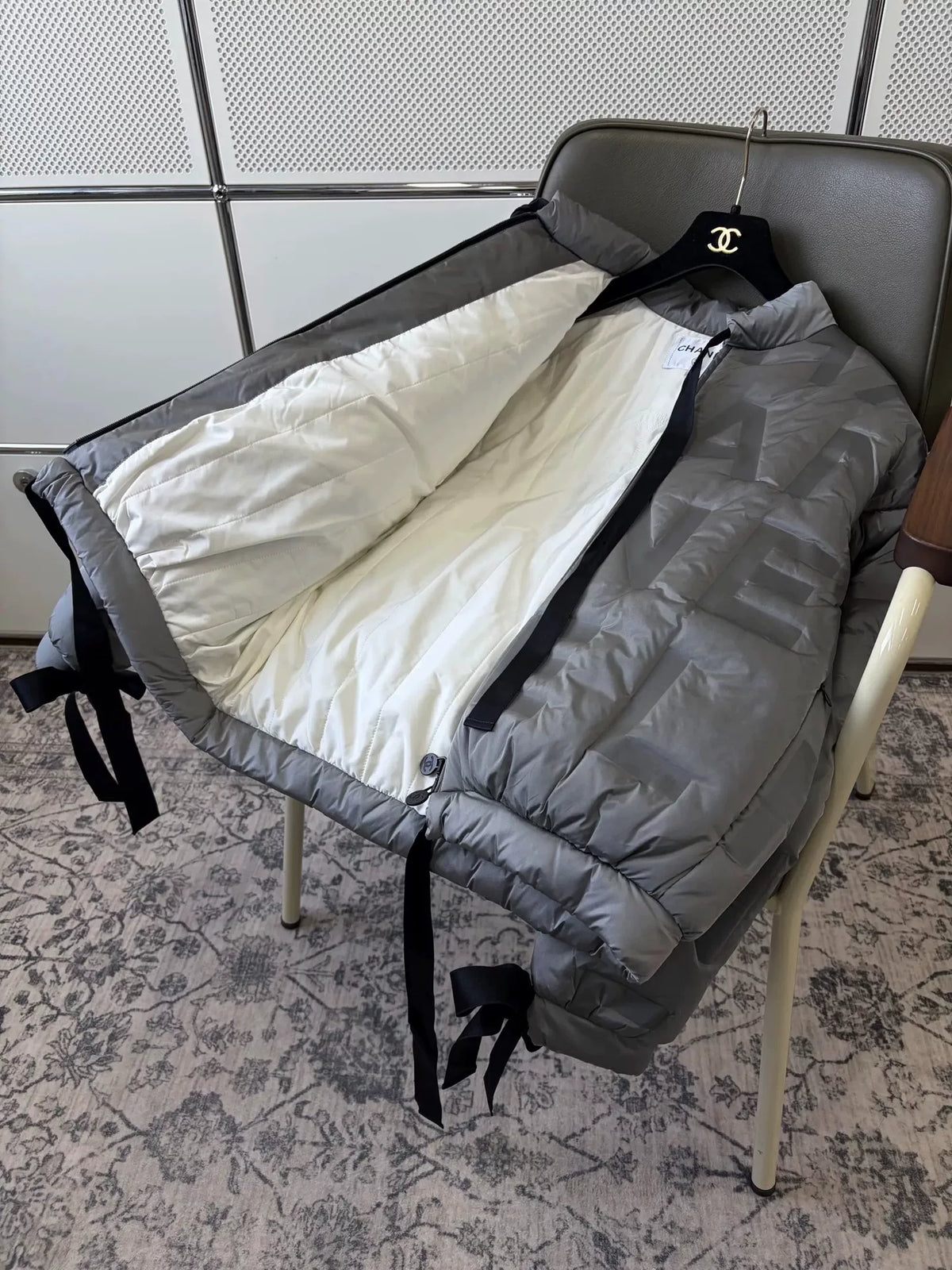 Chanel Silver Grey Letter Embossed Tied-Bow Nylon Down Jacket