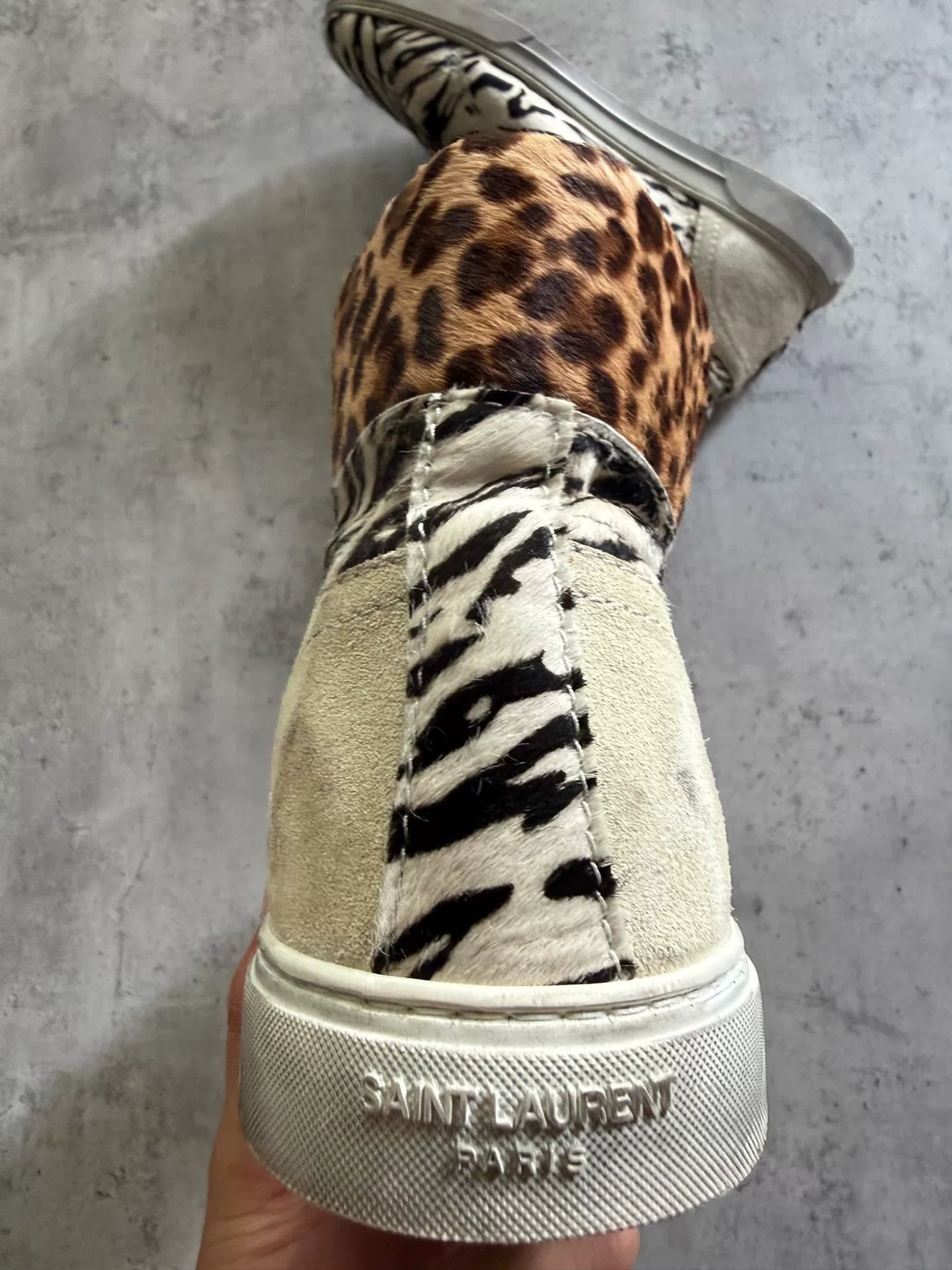 Saint Laurent Paris Black White Zebra Leopard Hair Suede High-Top Sneakers