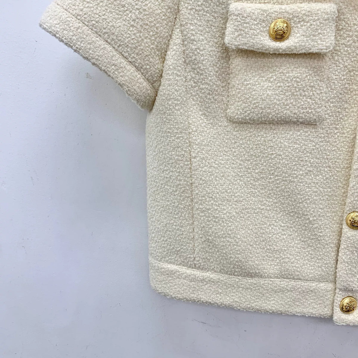 Celine Beige Gold-Button Wool Collared Single-Breasted Short Sleeve Boucle Jacket