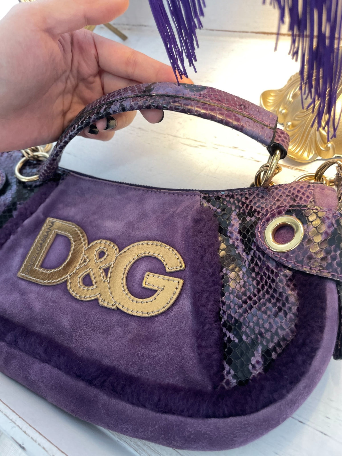 Dolce & Gabbana D&G Du Jia Ban Na purple snake pattern fuzzy patchwork secondhand bag
