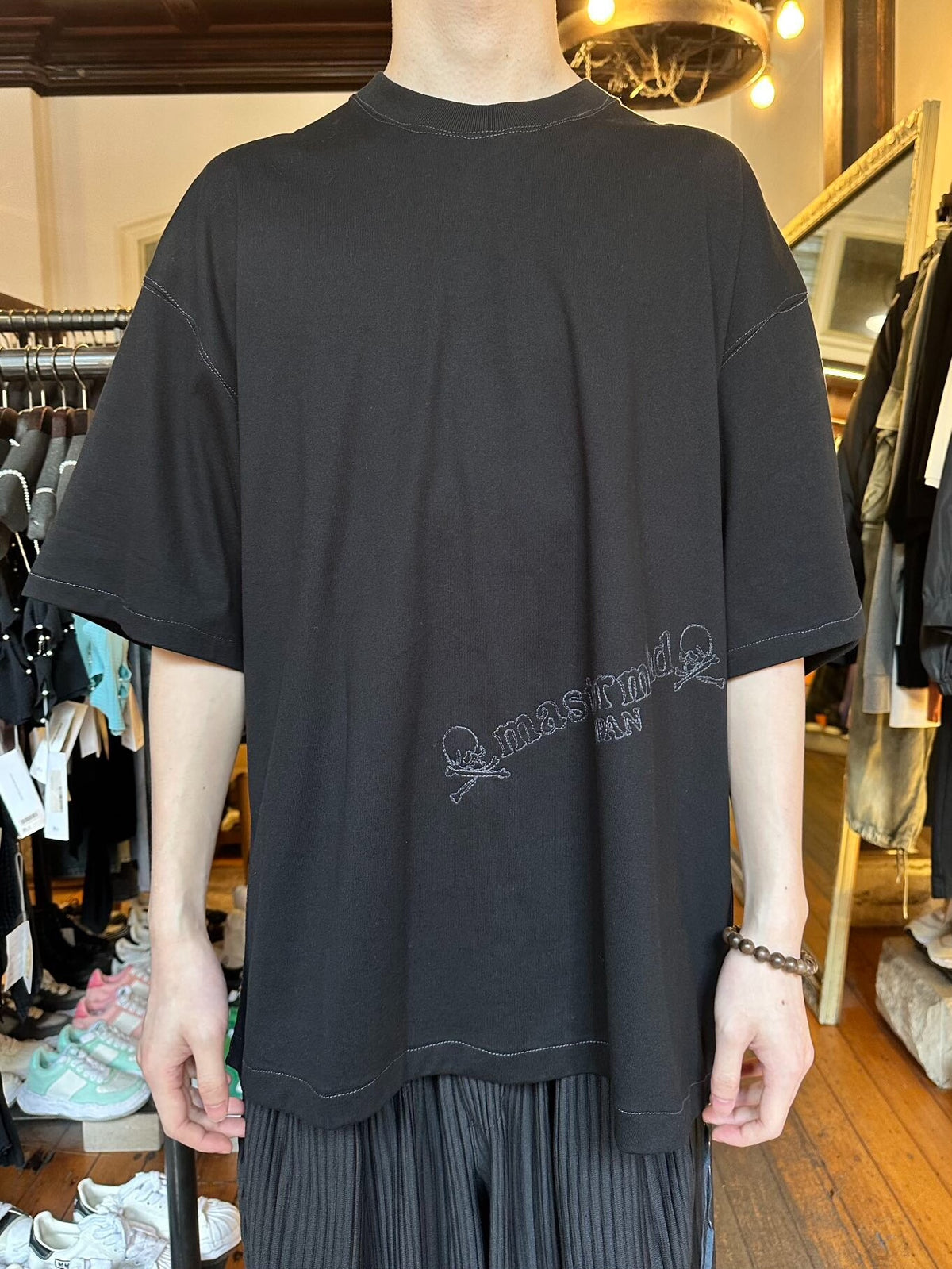mastermind Japan FW25 Black Hand-Embroidered Logo Boxy Stitch Cotton Top
