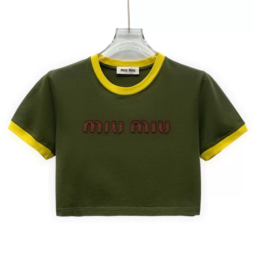 Miu Miu Olive Logo Letter Embroidered Cotton Crew Neck Short Sleeve Top