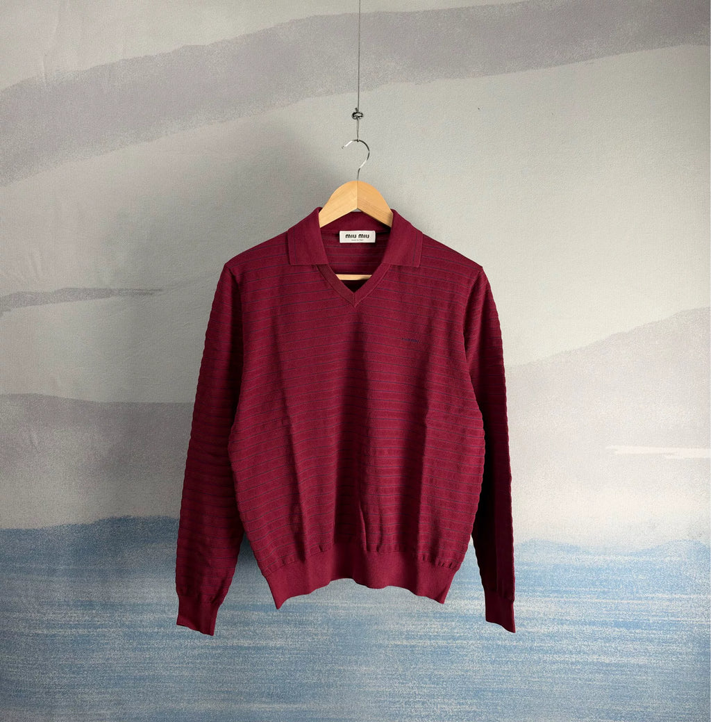 Miu Miu SS26 Red Letter Collared Striped Knit Sweater