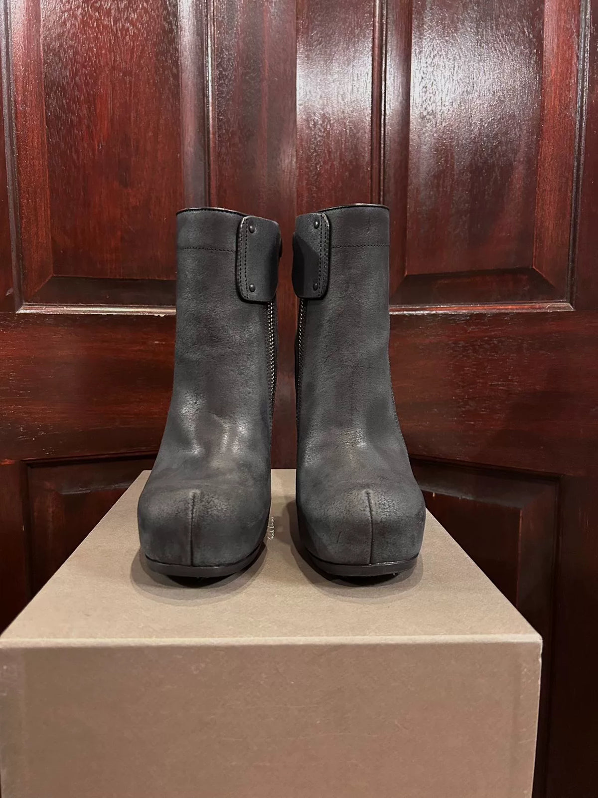 Rick Owens Black Reverse Leather Wedge Boots