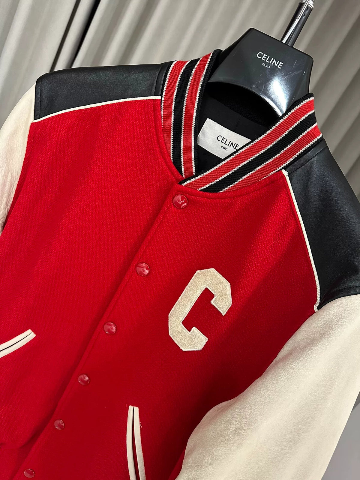 Celine Red Lambskin Sleeve Wool Embroidered Letter C Baseball Jacket