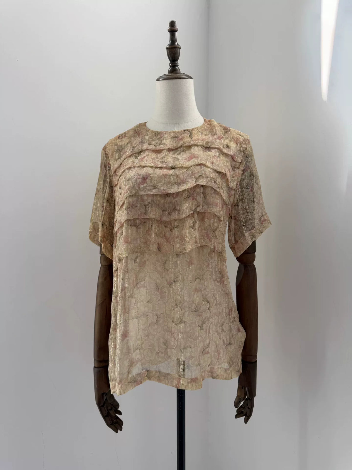 Dries van Noten Silver Watercolor Floral Distressed Silk Top