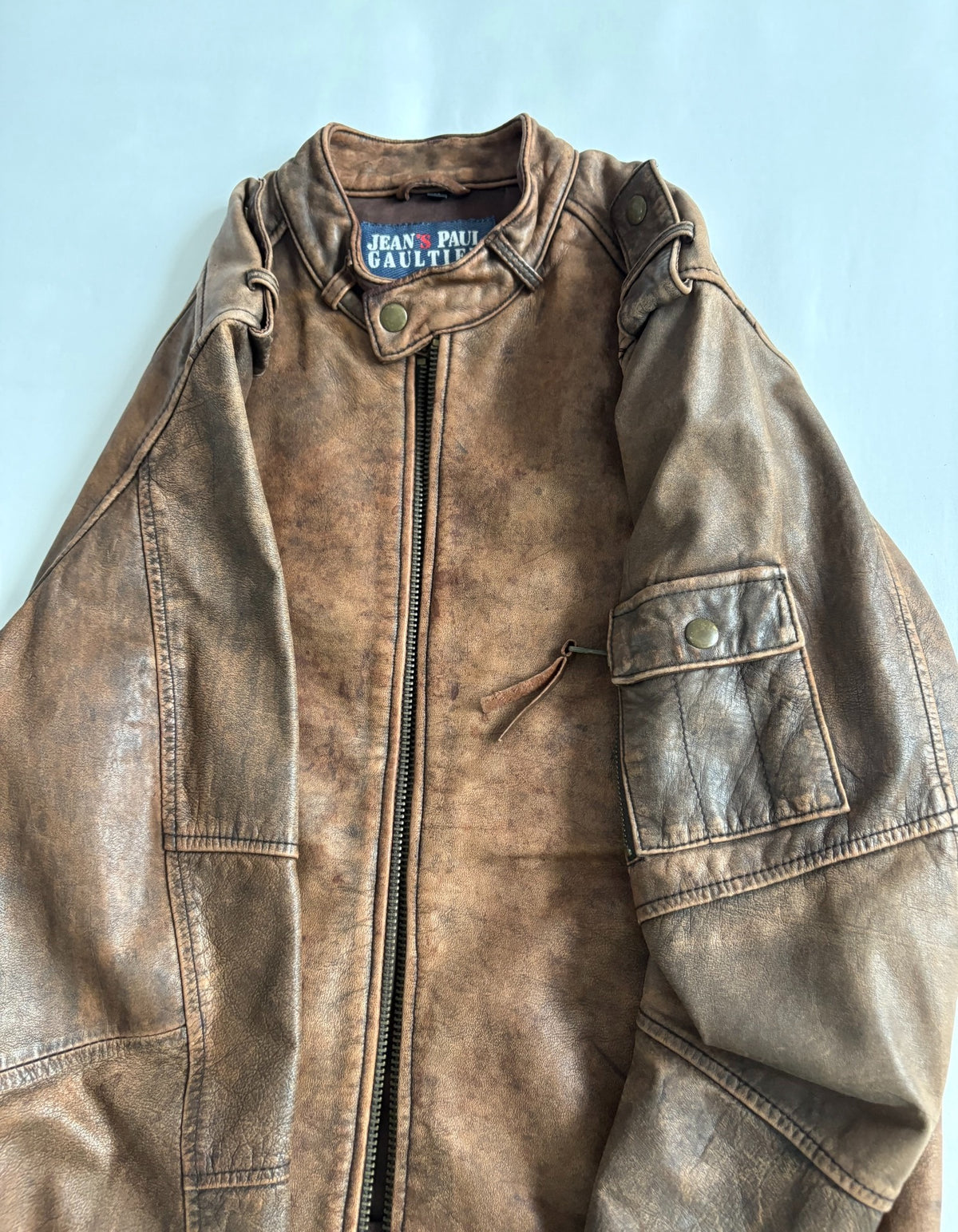 jean paul gaultier leather jacket high tige vintage distressed mottled motorcycle leather jacket
