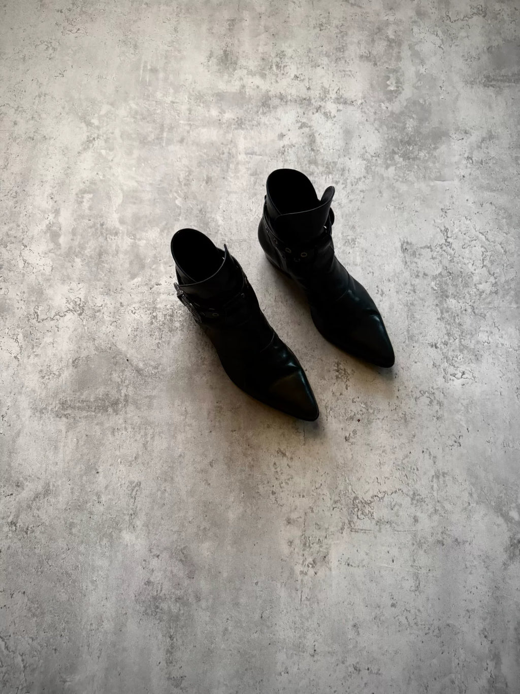 Saint Laurent Paris 14SS Black Leather Western Buckle Pointed Ankle Boots by Hedi Slimane