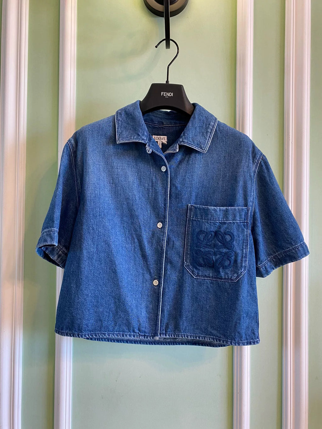 Loewe Embroidered Four-Leaf Clover Logo Denim Short Sleeve Shirt
