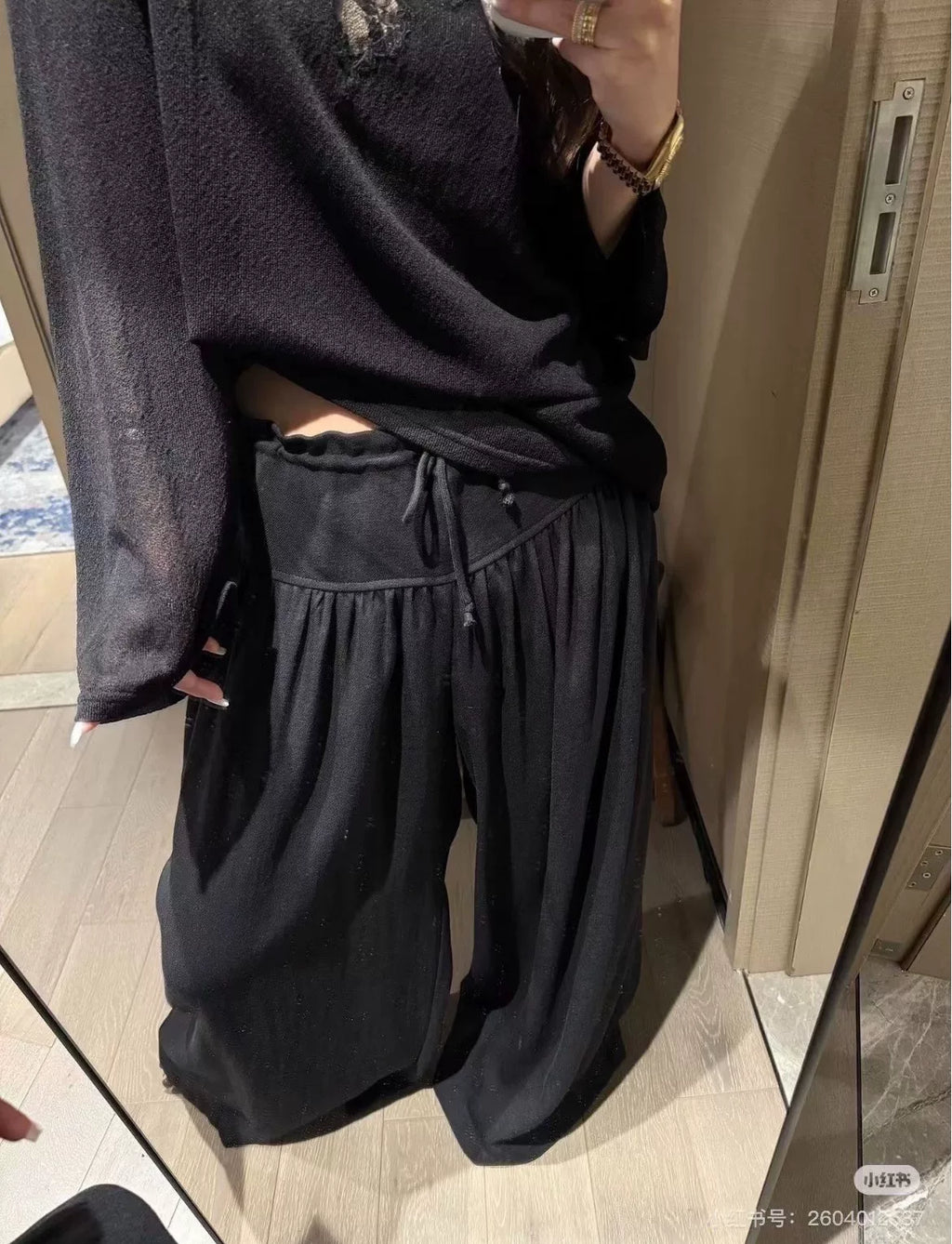 The Row Black Drawstring Pleated Cotton Trousers