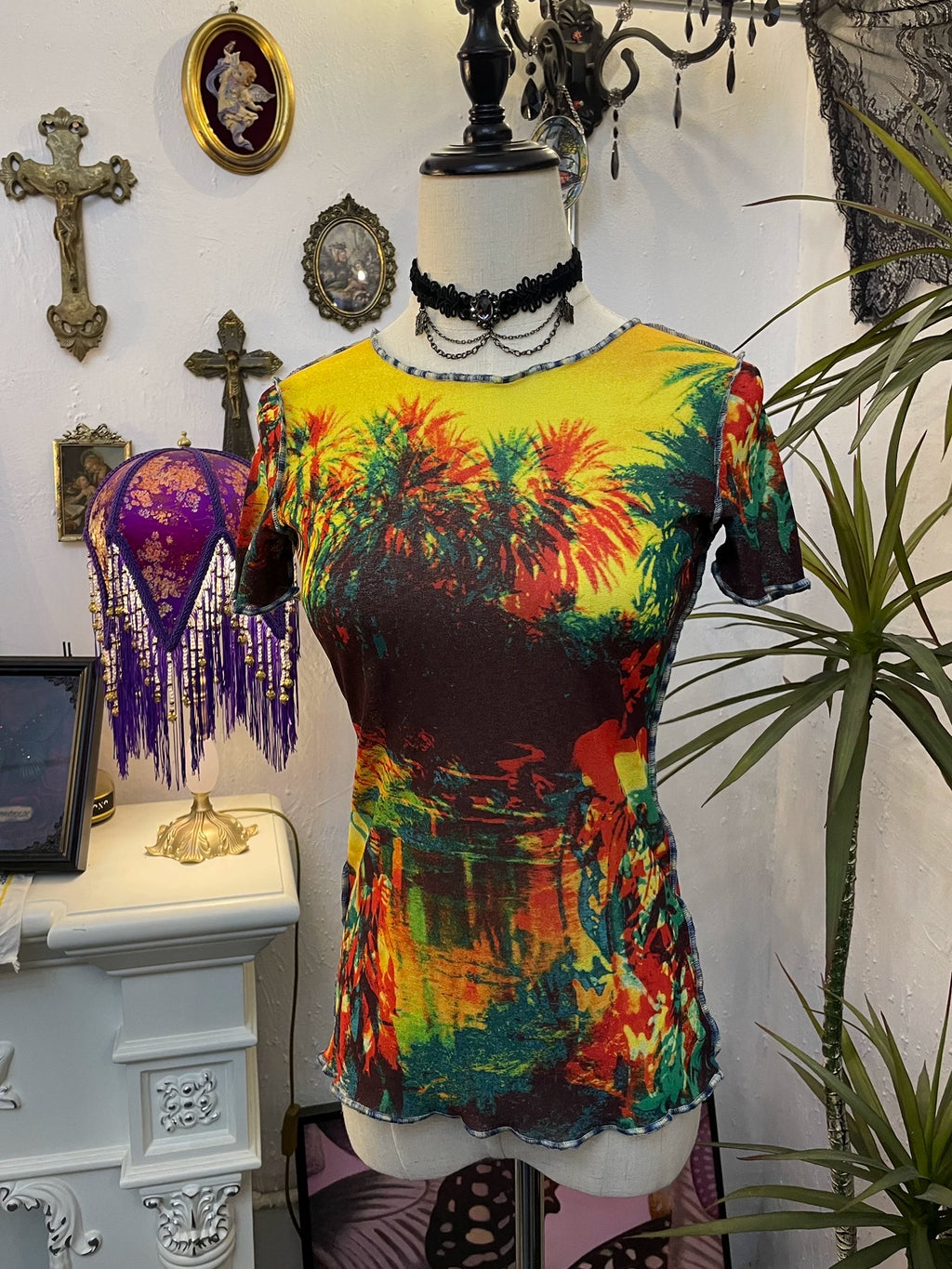 Jean Paul Gaultier Psychedelic Print Portrait Mesh Top