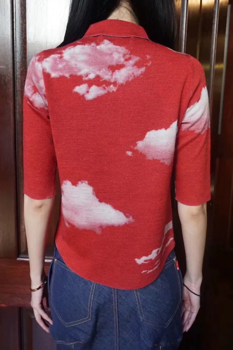 Undercover SS18 Red Sky Cloud Star Reversible Wool Polyester Knit Cardigan