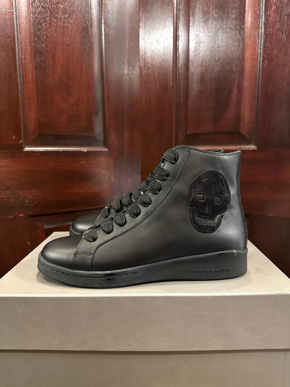 Alexander McQueen FW16 Black Skull Leather Mid-Top Sneakers