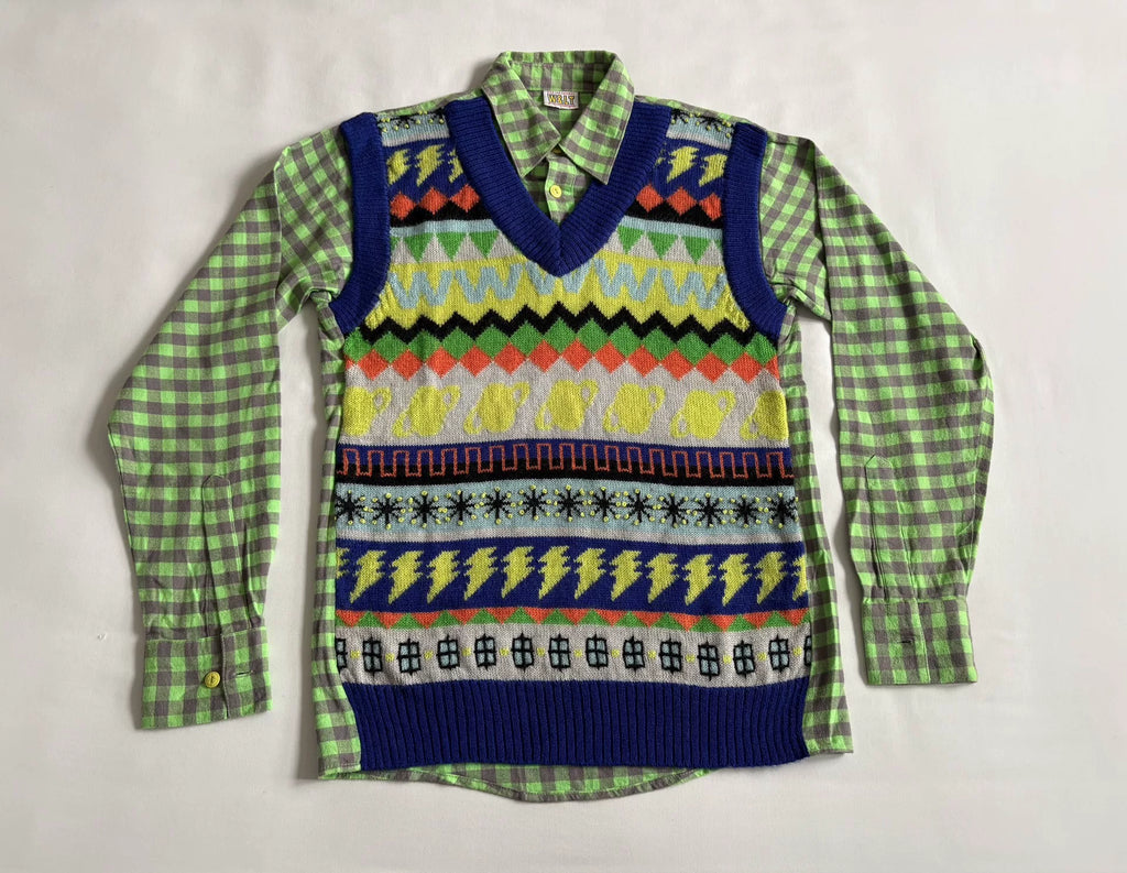 Walter Van Beirendonck W&LT Green Plaid Knit Panel Shirt