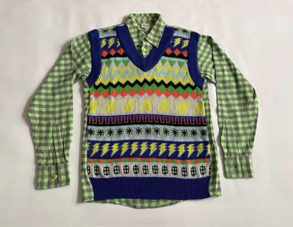 Walter Van Beirendonck W&LT Green Plaid Knit Panel Shirt