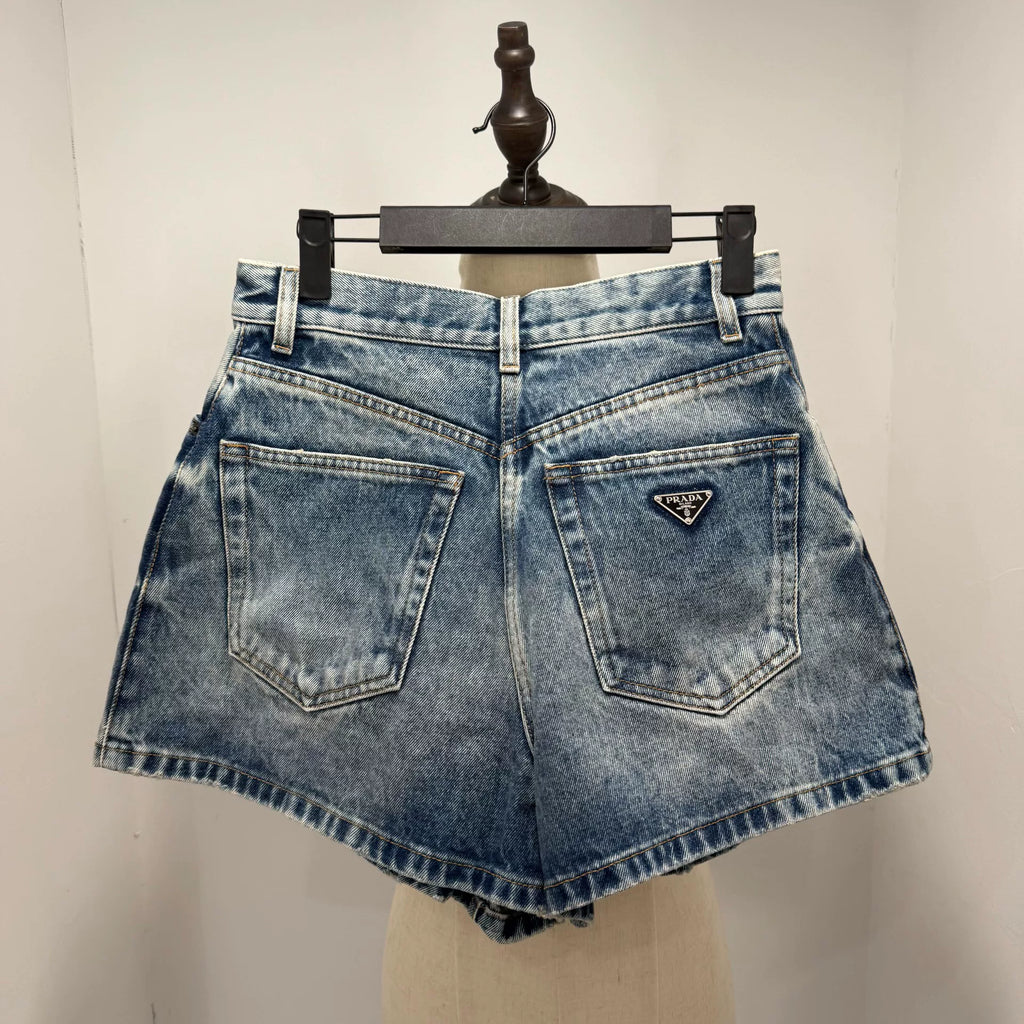 Prada Triangle Logo Distressed Denim Shorts