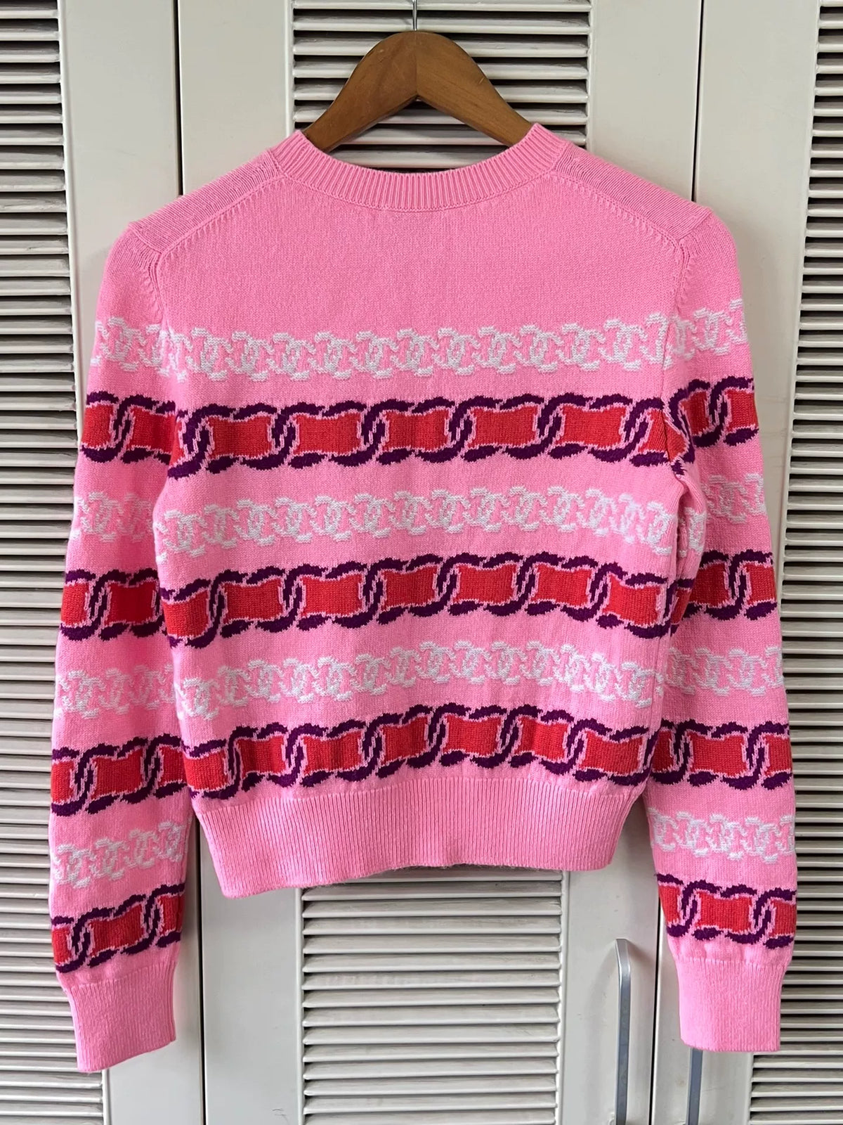 Chanel Crew Neck Long Sleeve Slim Top Pink Knit Sweater