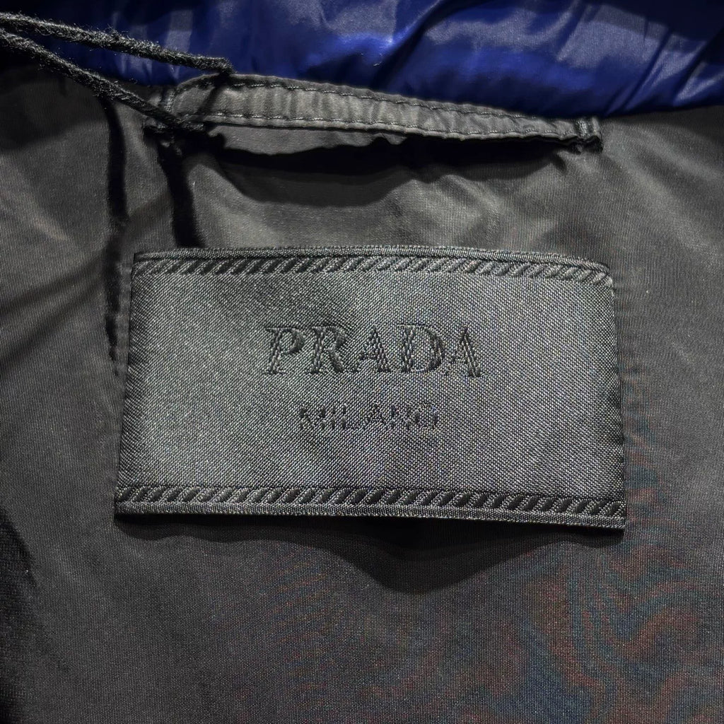 Prada Down Jacket Sleeveless Metallic Triangle Logo Stand Collar Navy Vest