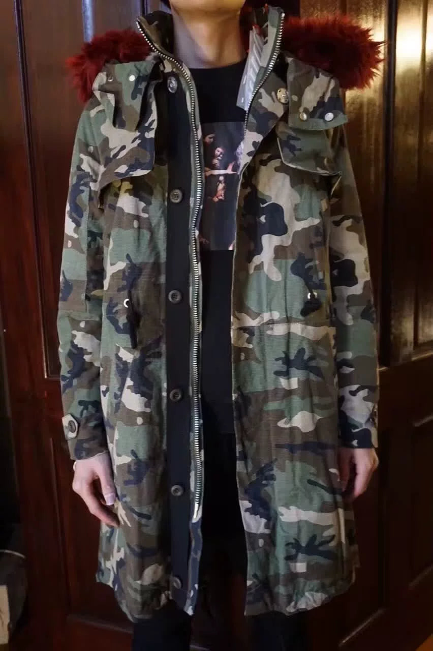 Off-White FW16 Camouflage Detachable Red Faux Fur Liner Parka Cotton Coat