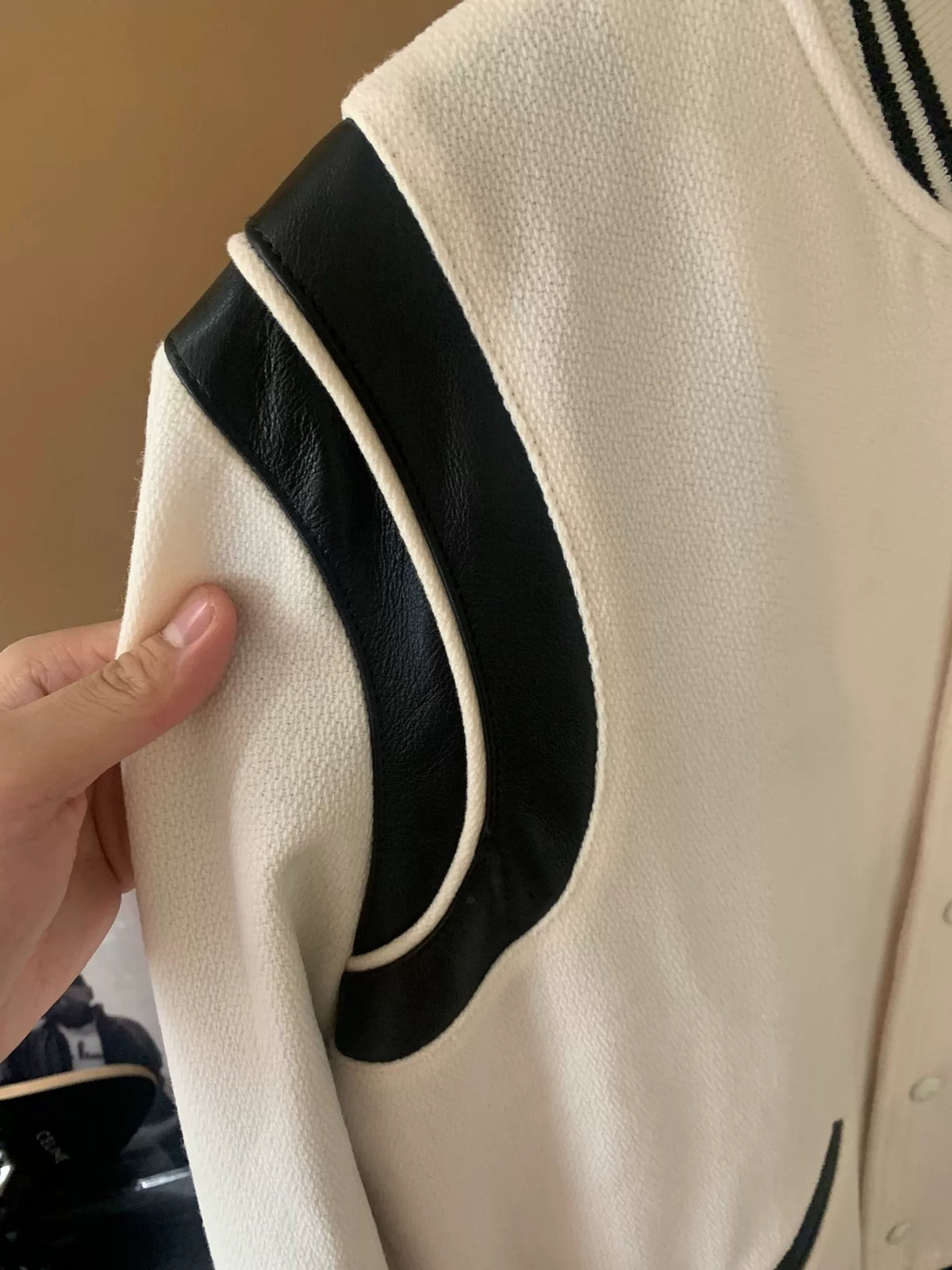 Saint Laurent 22FW White Wool Pieced Leather Teddy Jacket