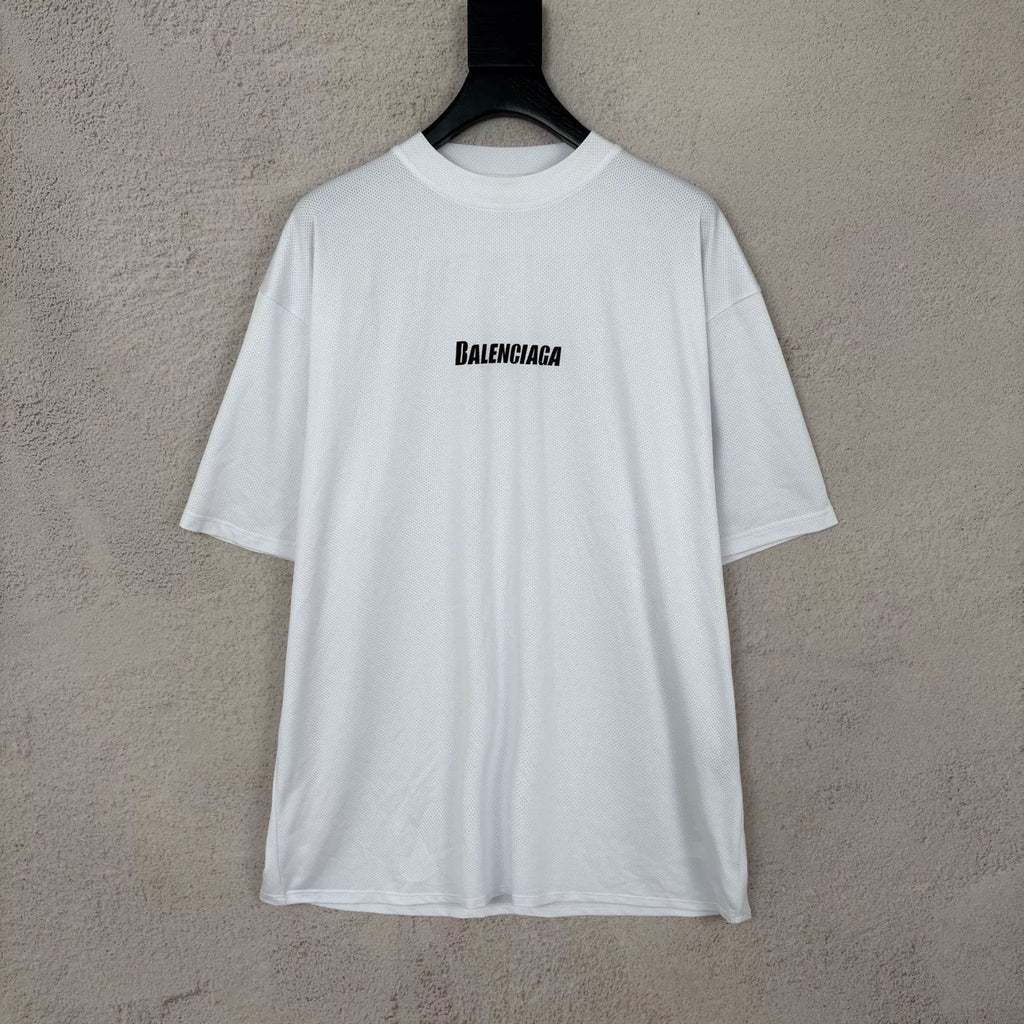 Balenciaga White Mesh Letter Logo Print Short Sleeve Top