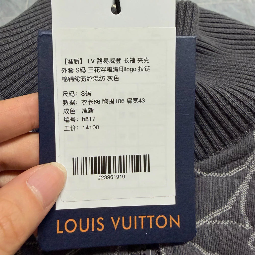Louis Vuitton Long Sleeve Three-Flower All-Over Logo Print Zip Cotton Gray Jacket