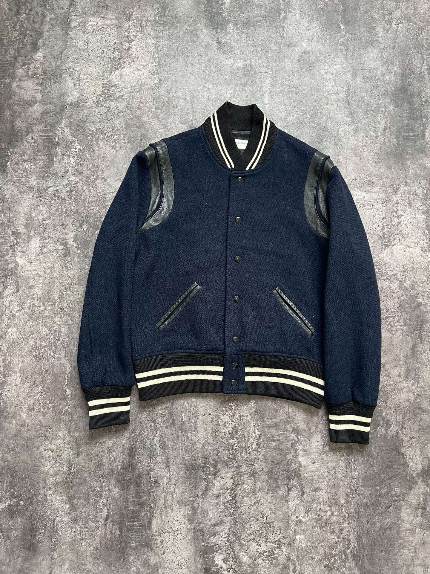 Saint Laurent SLP 13 Navy Blue Fleece and Leather Teddy Jacket