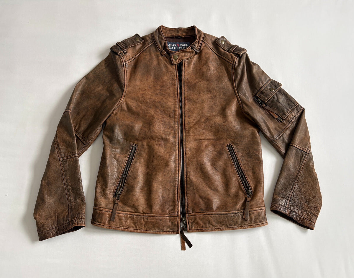 jean paul gaultier leather jacket high tige vintage distressed mottled motorcycle leather jacket