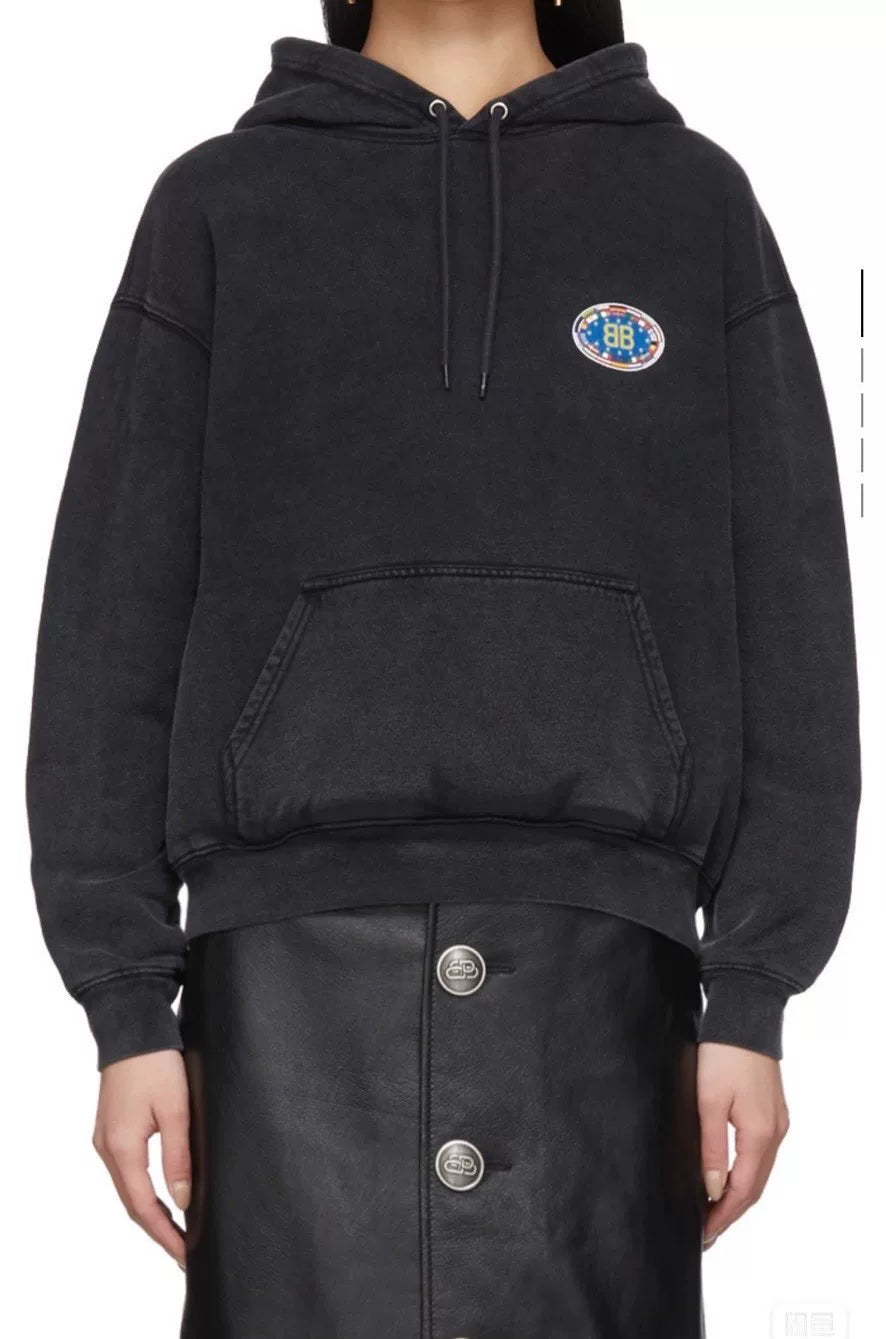 Balenciaga Black BB Logo Washed-Vintage Hooded Sweater