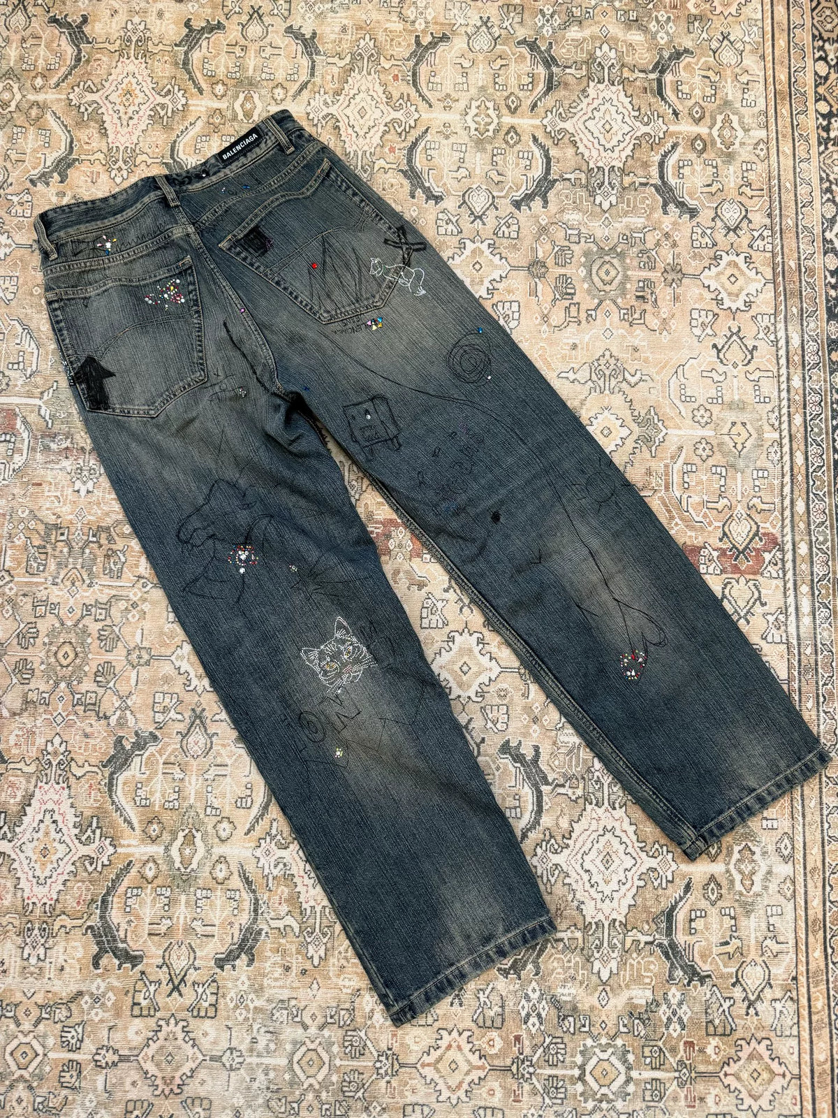 Balenciaga Multi-Element Rhinestone Graffiti Mud-Dyed Distressed Destroyed Jeans