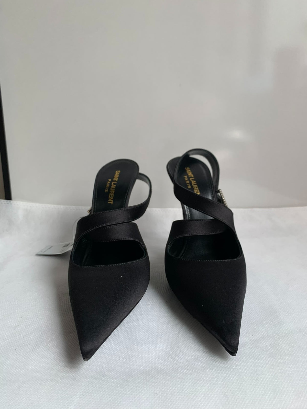 Saint Laurent Black Crystal Buckle Satin Heels