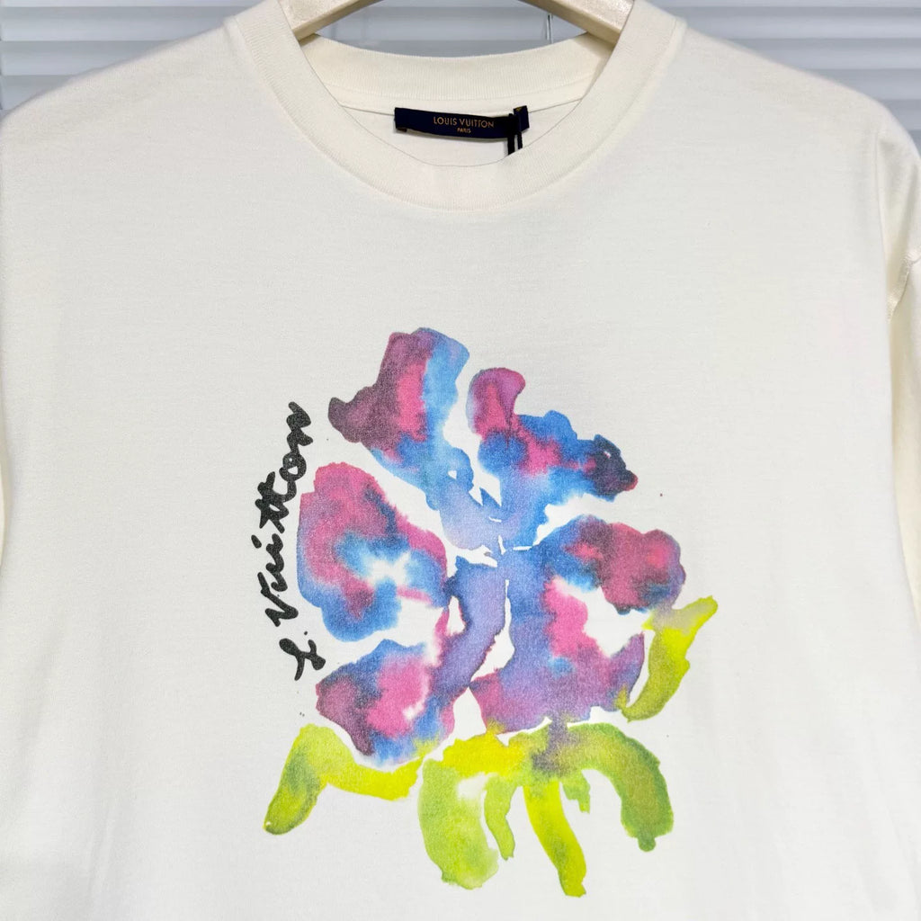 Louis Vuitton Watercolor Floral Cotton White Short Sleeve T-Shirt