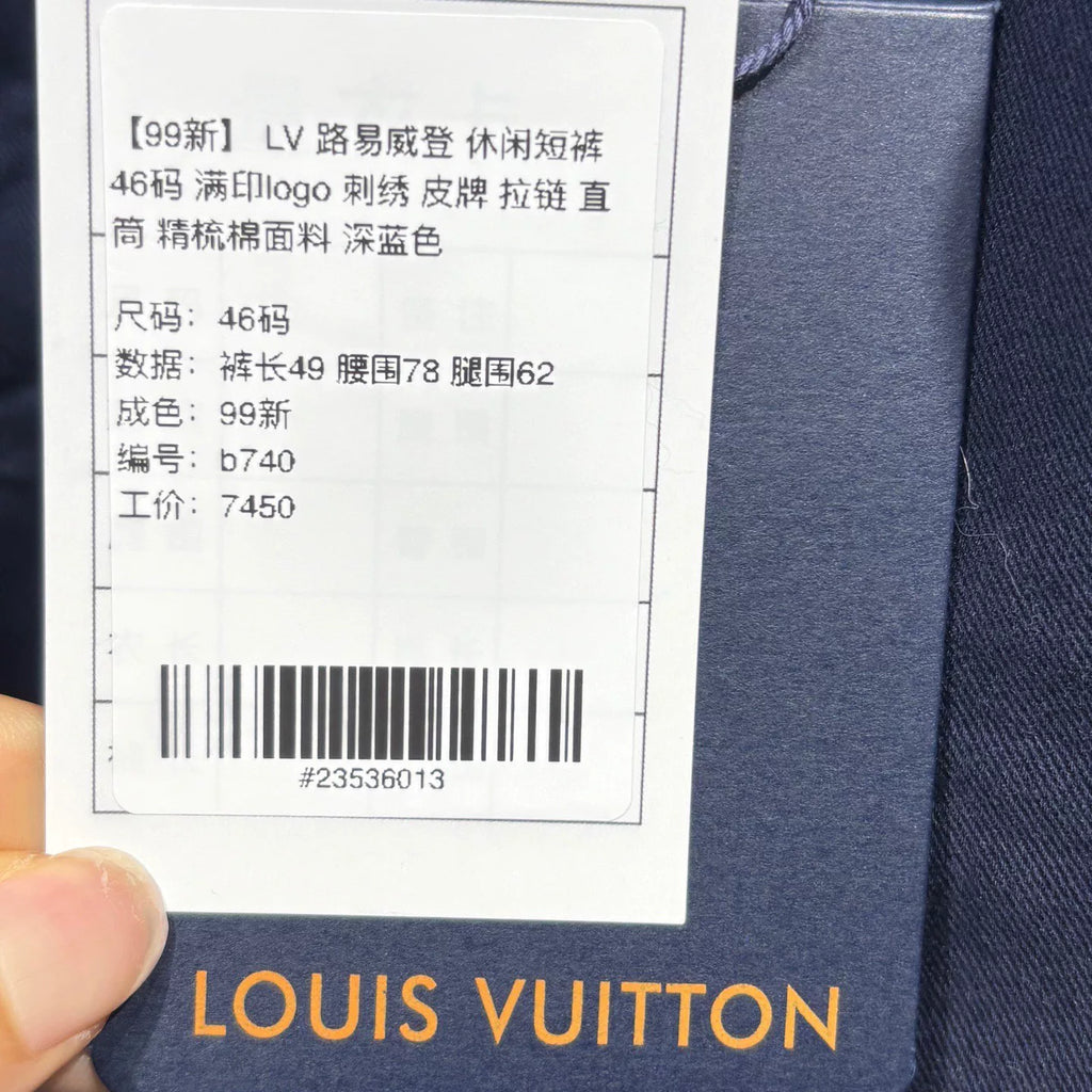 Louis Vuitton Casual All-Over Logo Print Embroidered Leather Patch Zip Straight-Leg Navy Shorts