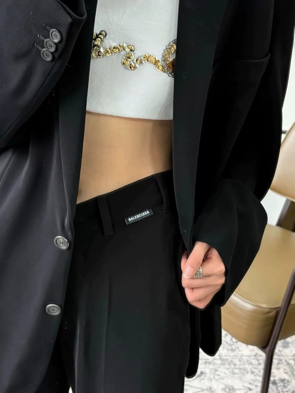Balenciaga Black V-Logo Label Straight Wide-Leg Pants