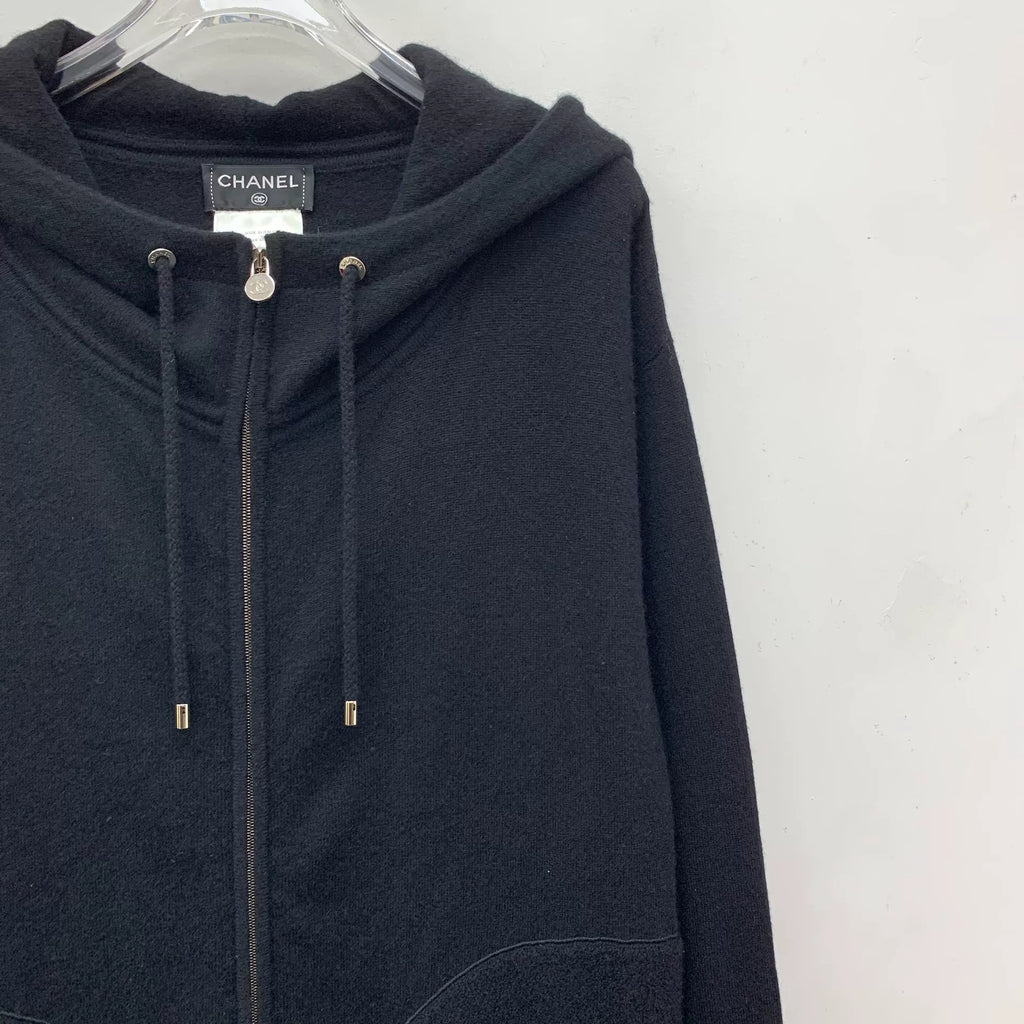 Chanel Black Goat Cashmere Hooded Drawstring Zip-Up Long-Sleeve Jacket
