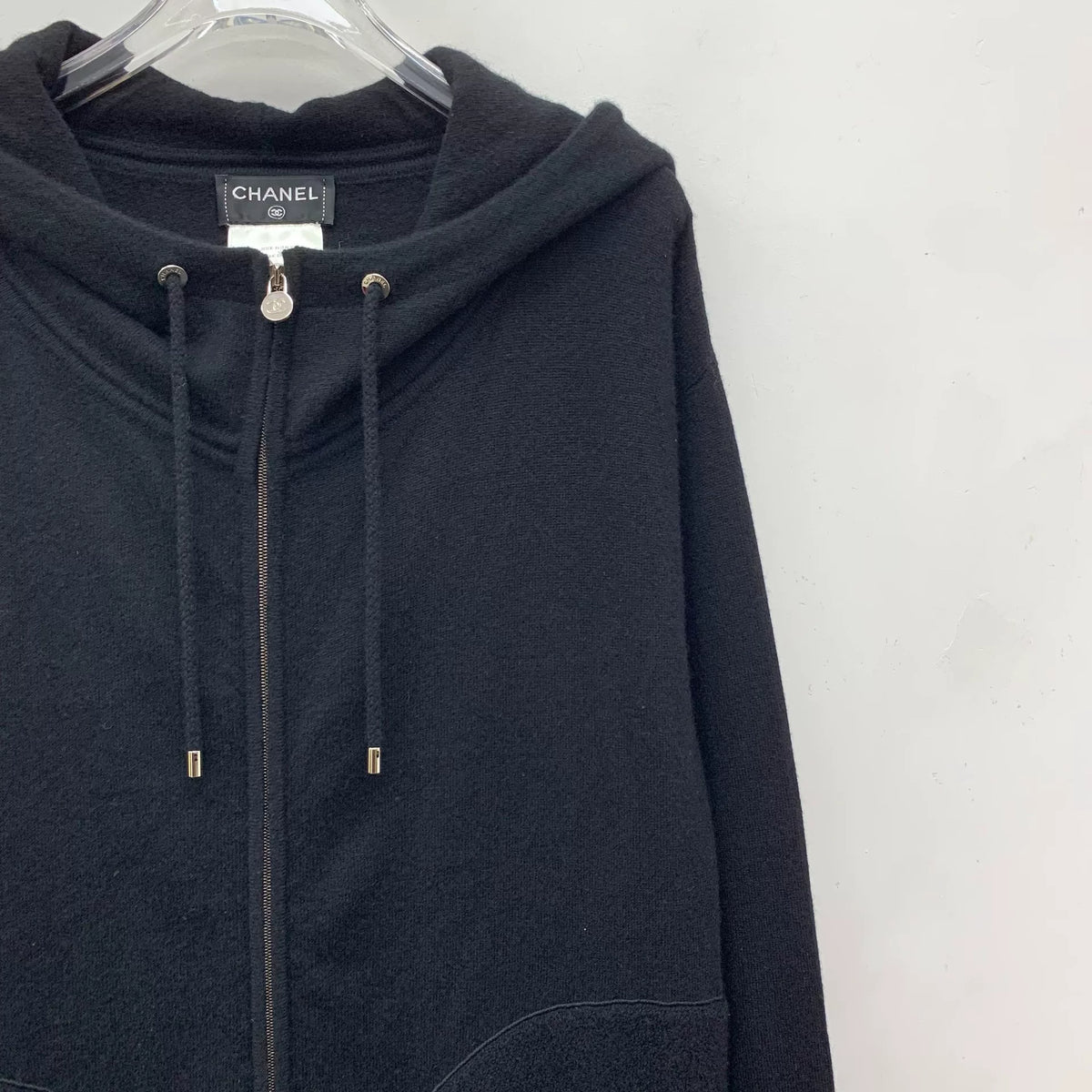 Chanel Black Goat Cashmere Hooded Drawstring Zip-Up Long-Sleeve Jacket