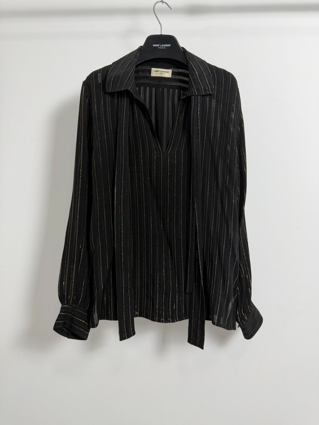 Saint Laurent 22fw Silk Black Gold Striped Bow-Tie Shirt