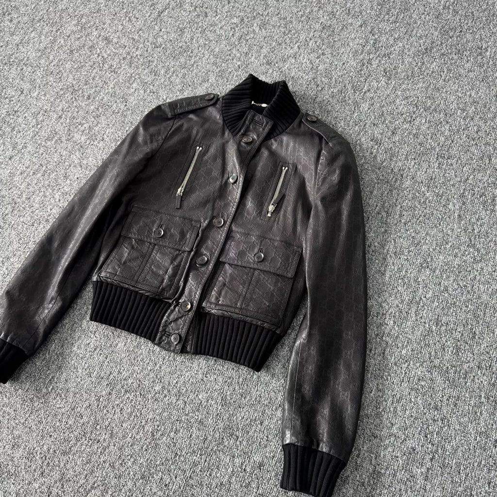 Gucci knit patchwork double-G all-over print leather pilot jacket