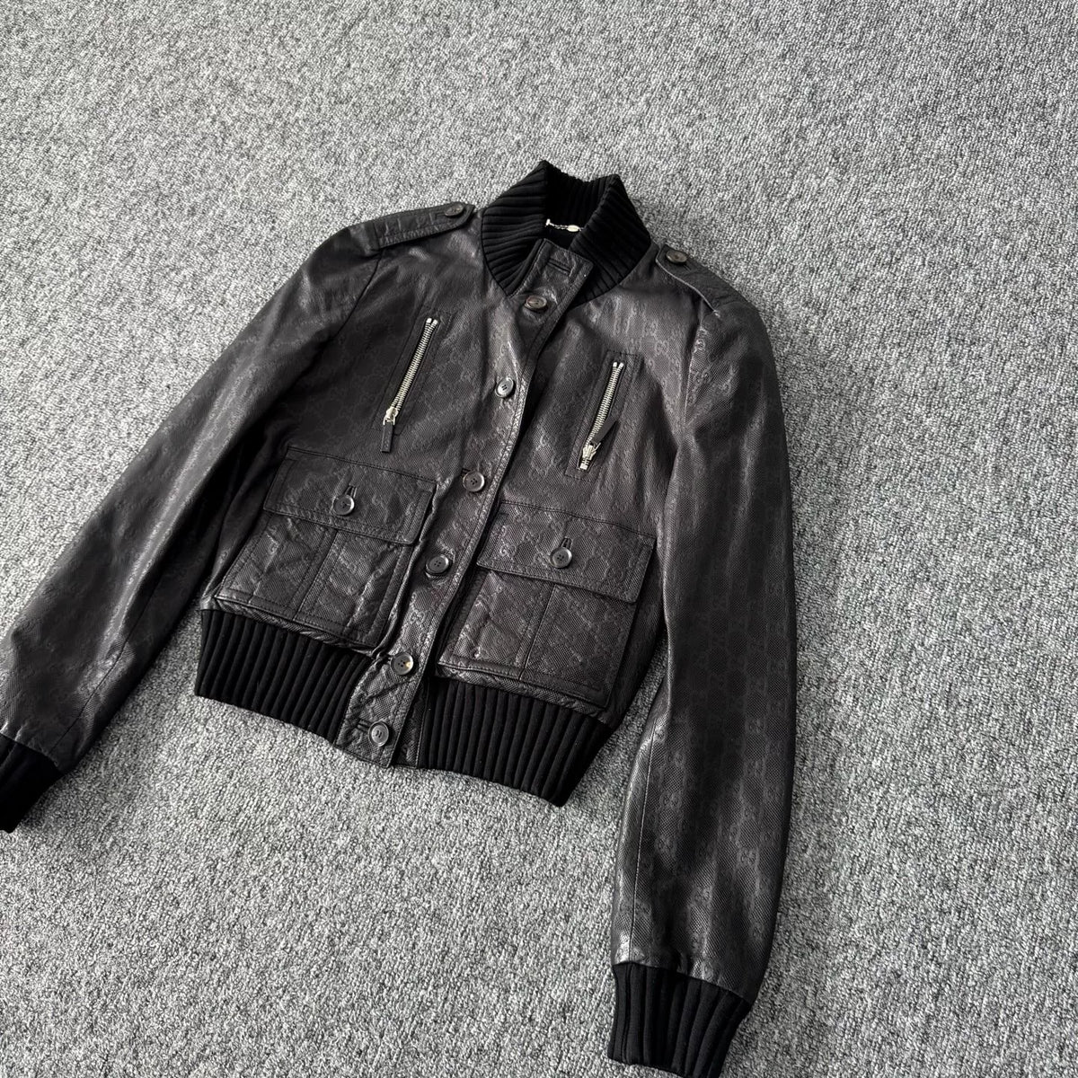 Gucci knit patchwork double-G all-over print leather pilot jacket