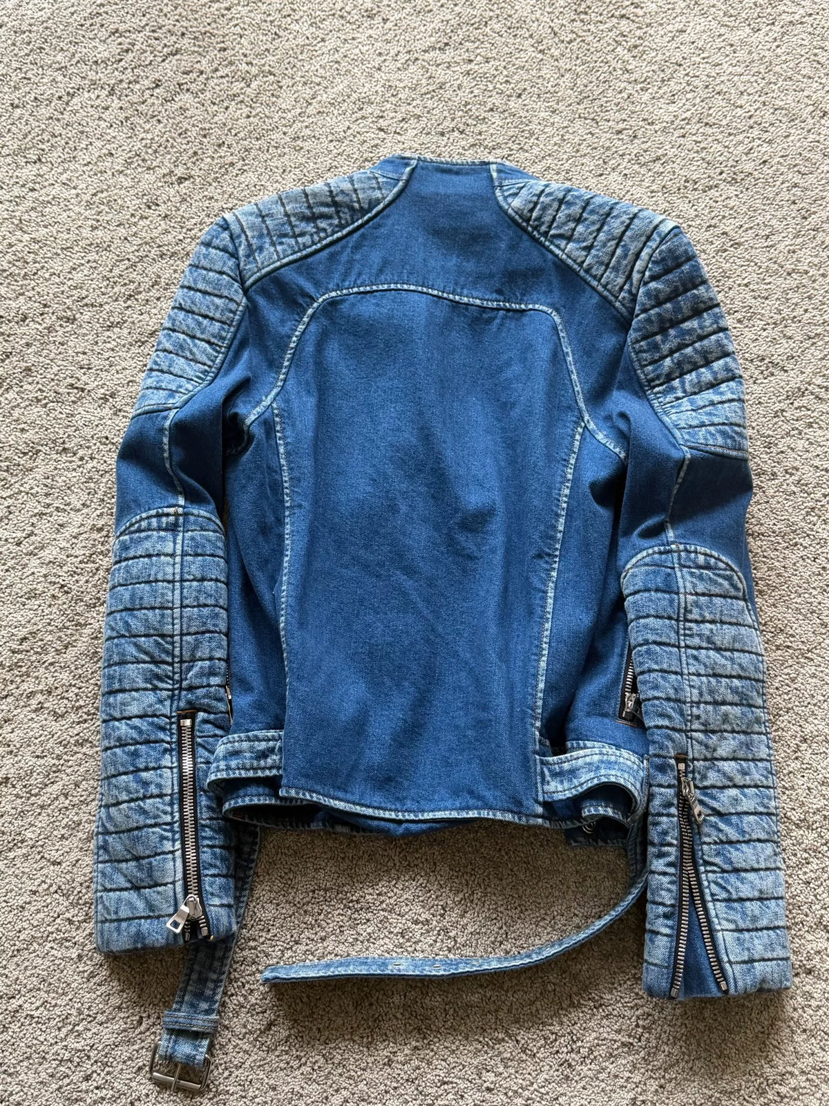 Balmain Quilted Biker Denim Jacket Anchor Patch