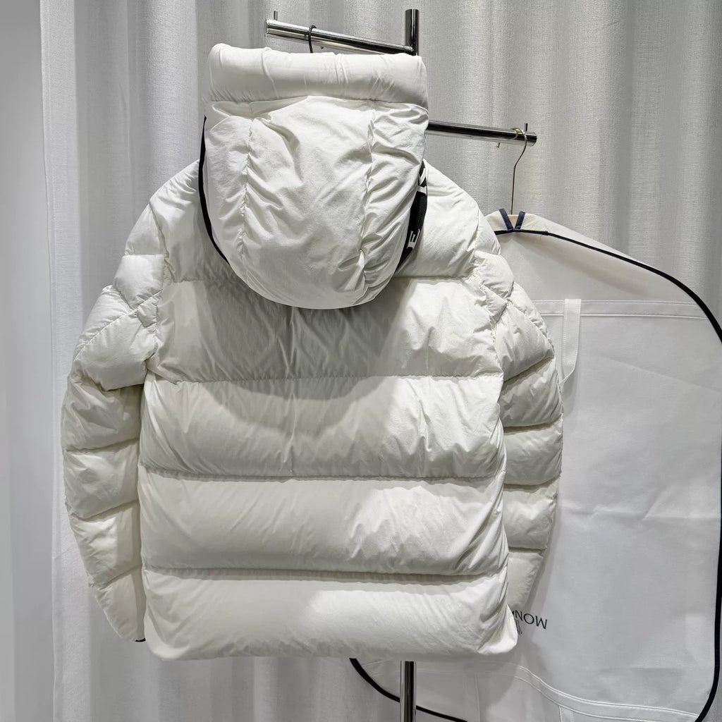 Moncler ODART White Letter Print Webbing Hooded Nylon Down Jacket