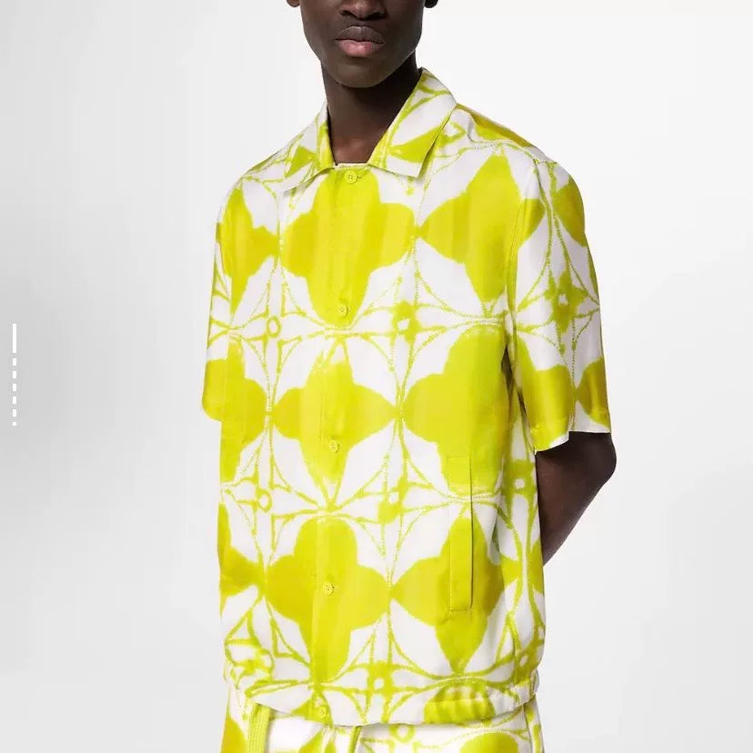 Louis Vuitton SS24 Short Sleeve Runway Silk Monogram Three-Flower Tie-Dye Button-Front Drawstring Yellow Shirt