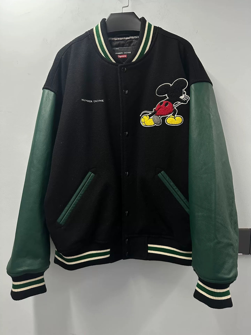 Number Nine Supreme 25FW Week 8 Mickey Mouse Leather-Sleeve Baseball Jacket