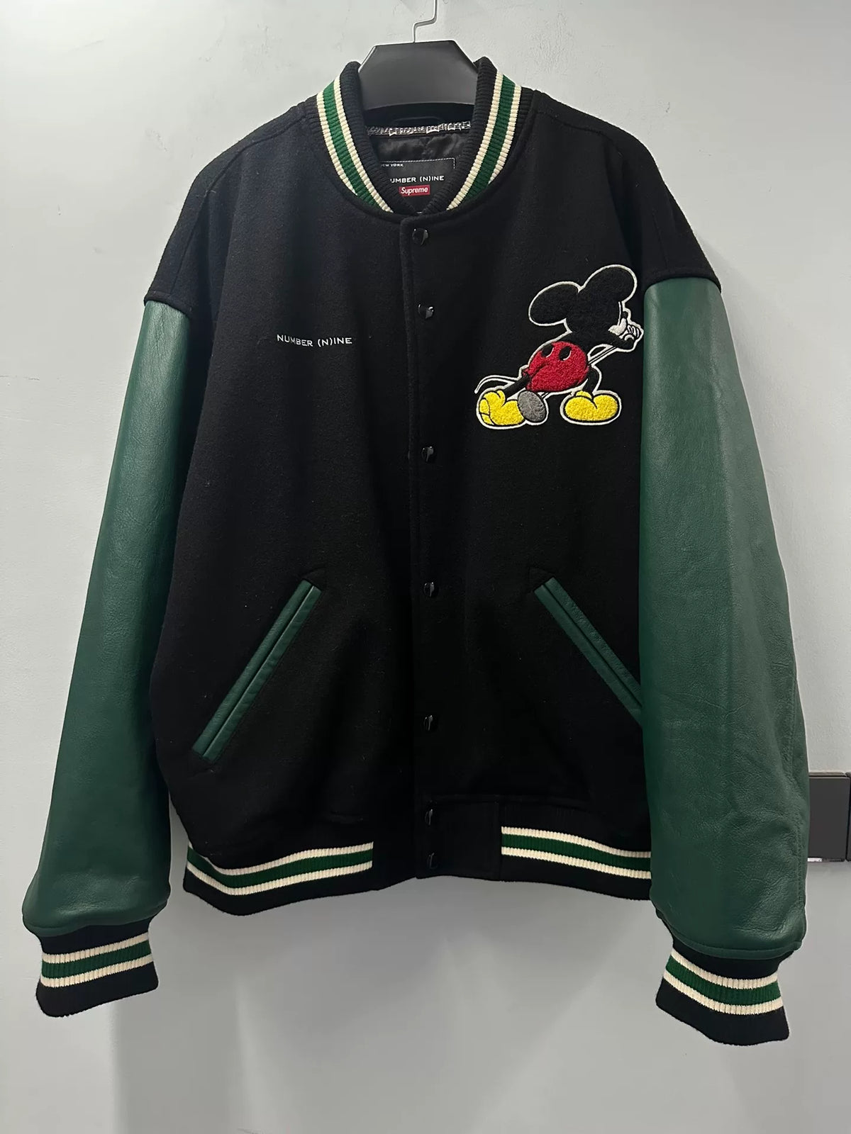 Number Nine Supreme 25FW Week 8 Mickey Mouse Leather-Sleeve Baseball Jacket