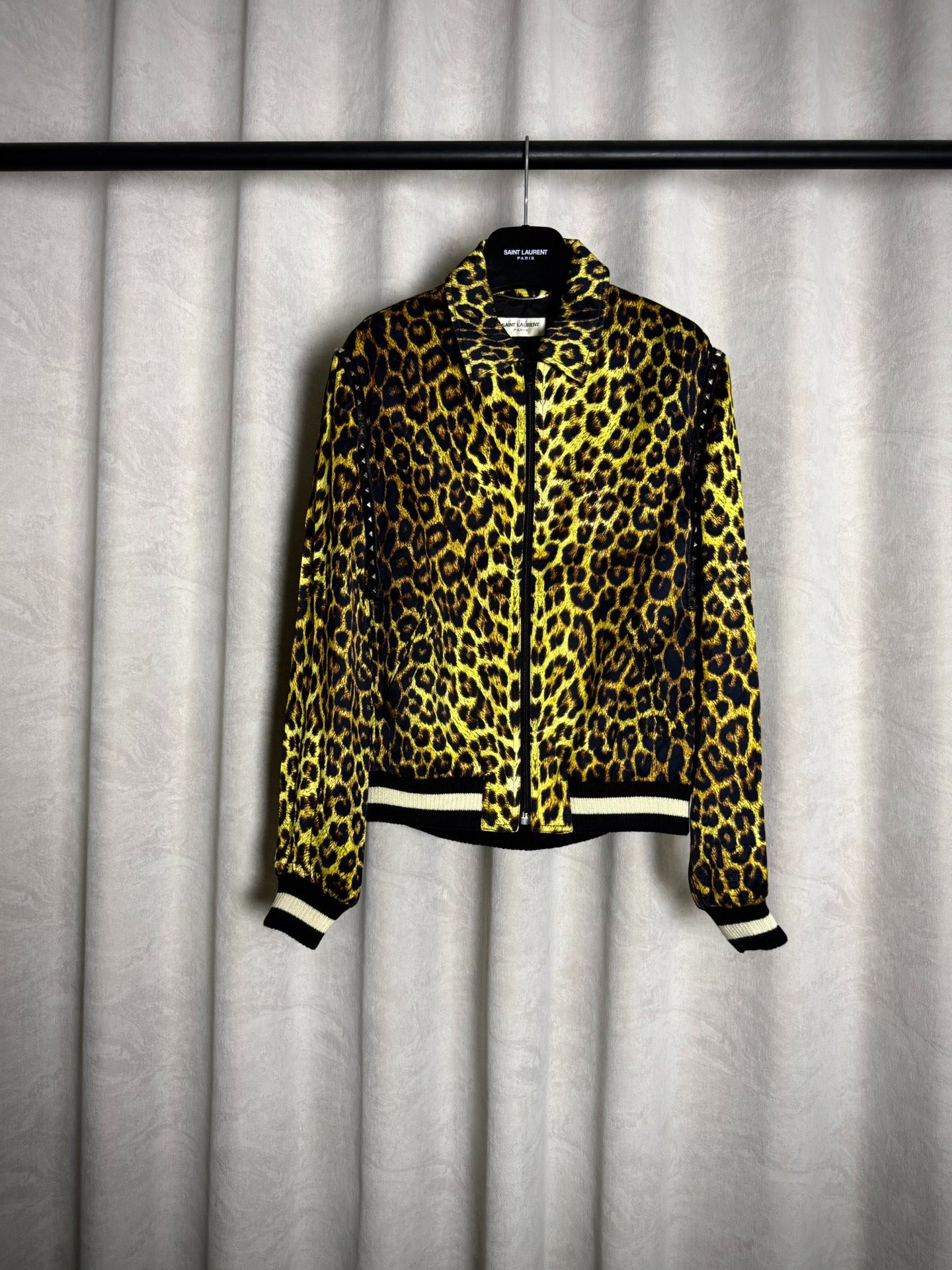 Saint Laurent 16SS Hedi Slimane Leopard Print Studded Silk Jacket by Hedi Slimane