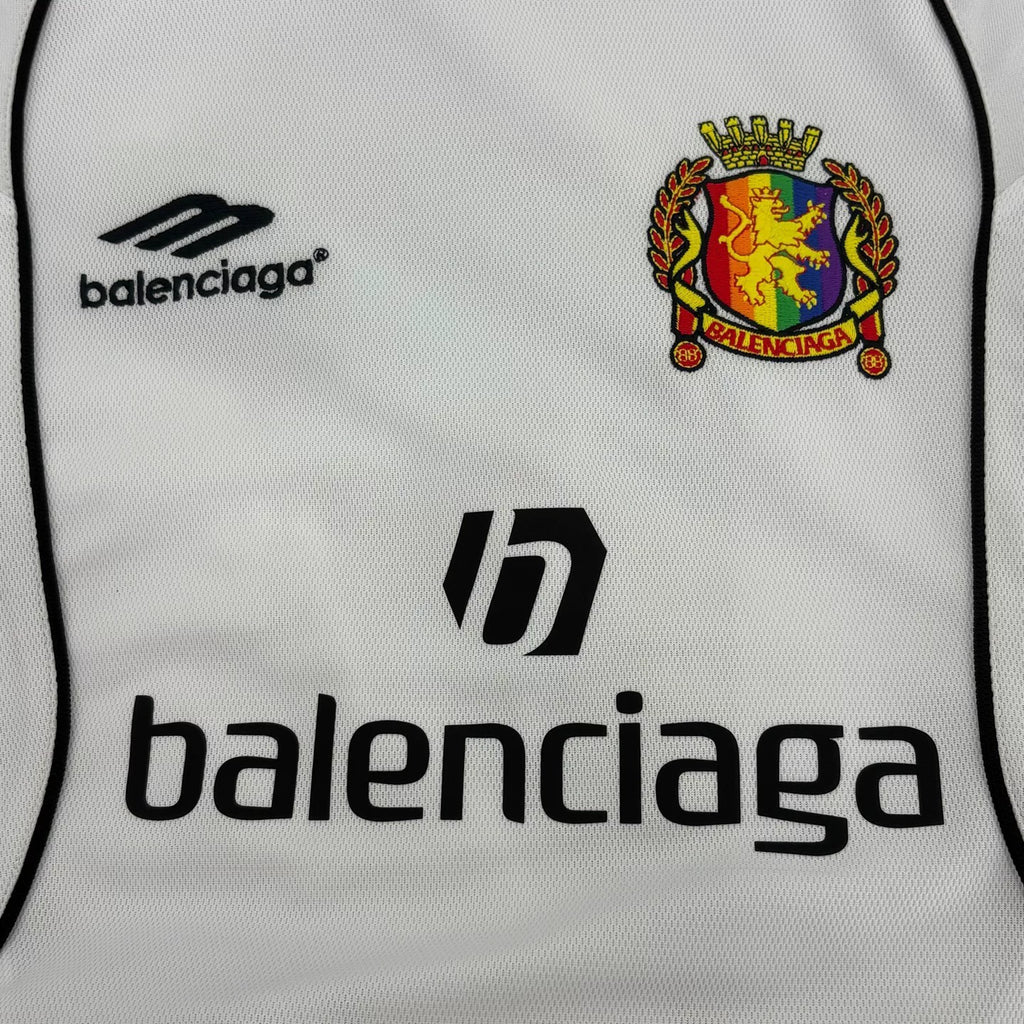 Balenciaga Multicolor Manchester United Embroidered Print Logo Mesh Jersey Short Sleeve T-Shirt