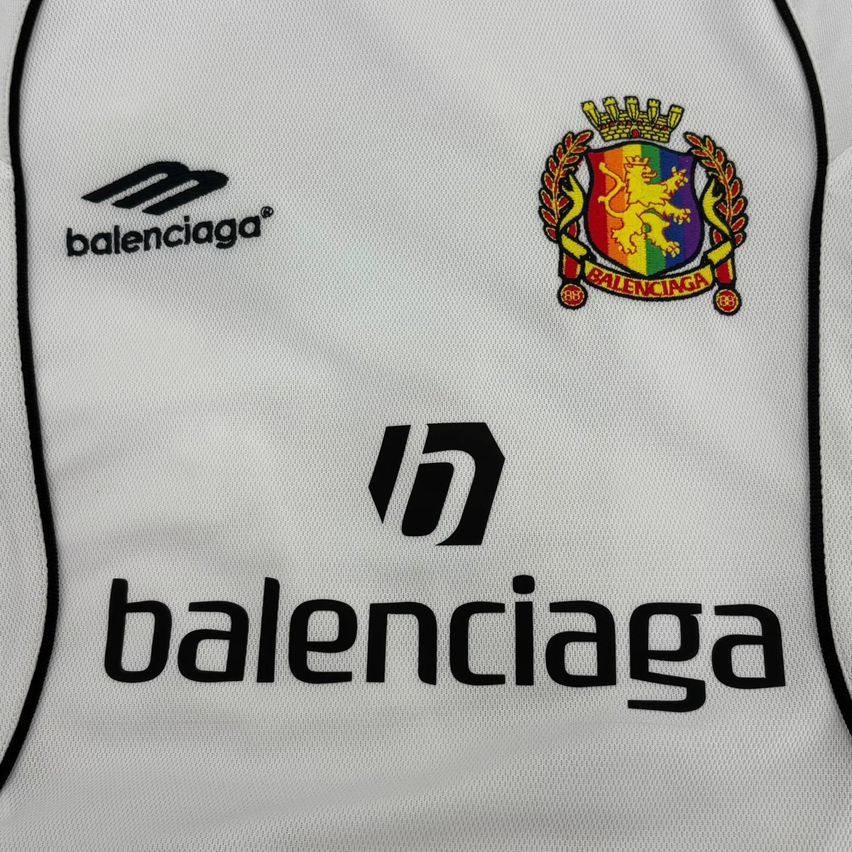 Balenciaga Multicolor Manchester United Embroidered Print Logo Mesh Jersey Short Sleeve T-Shirt