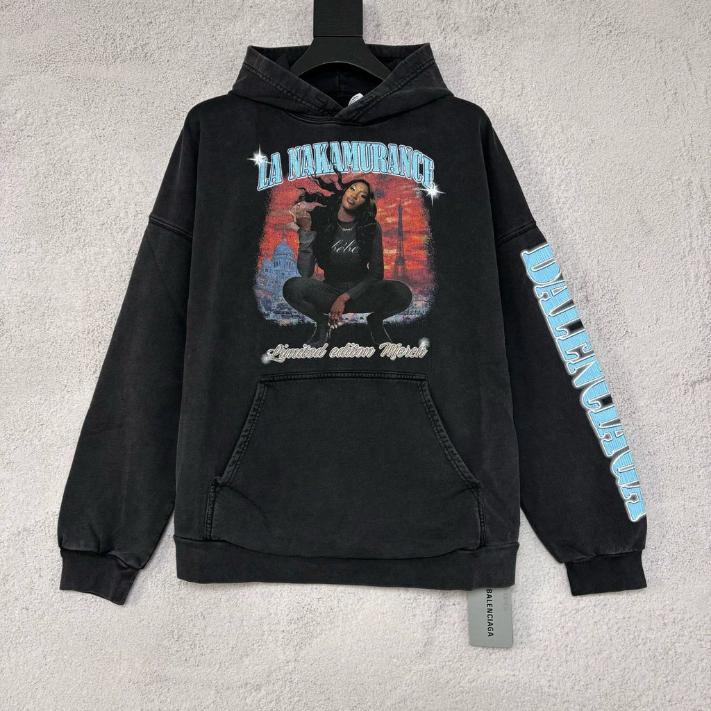 Balenciaga Black Aya Nakamura Star Poster Washed Hooded Sweater
