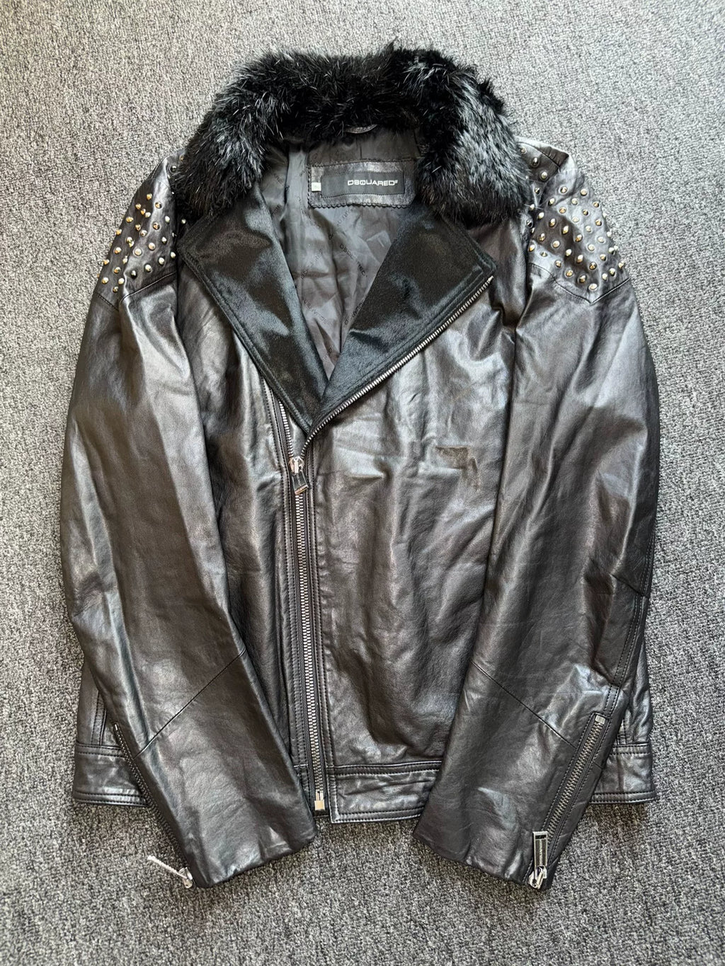 DSQUARED2 Black Fur Collar Rivet Mohair Leather Jacket