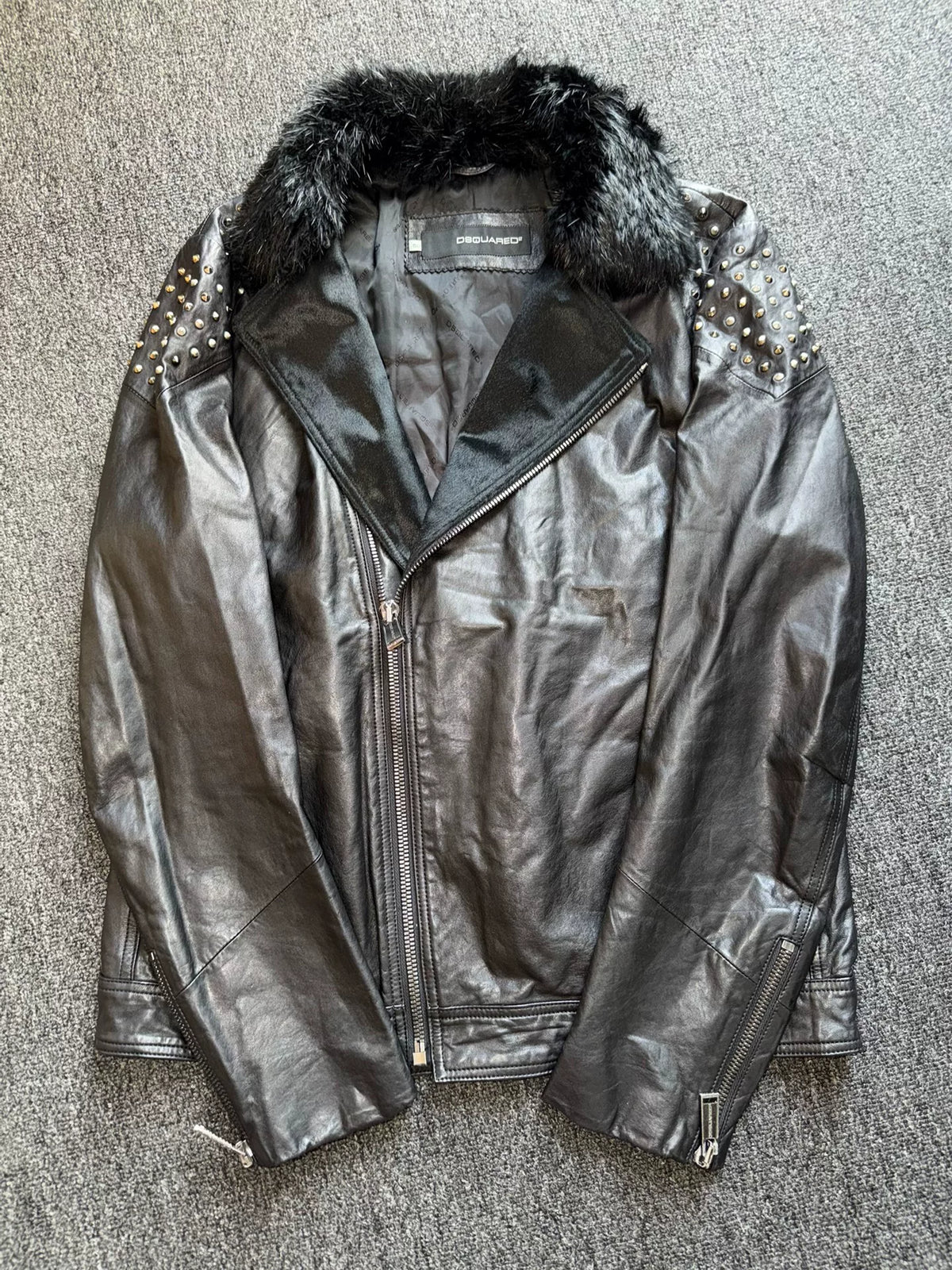 DSQUARED2 Black Fur Collar Rivet Mohair Leather Jacket